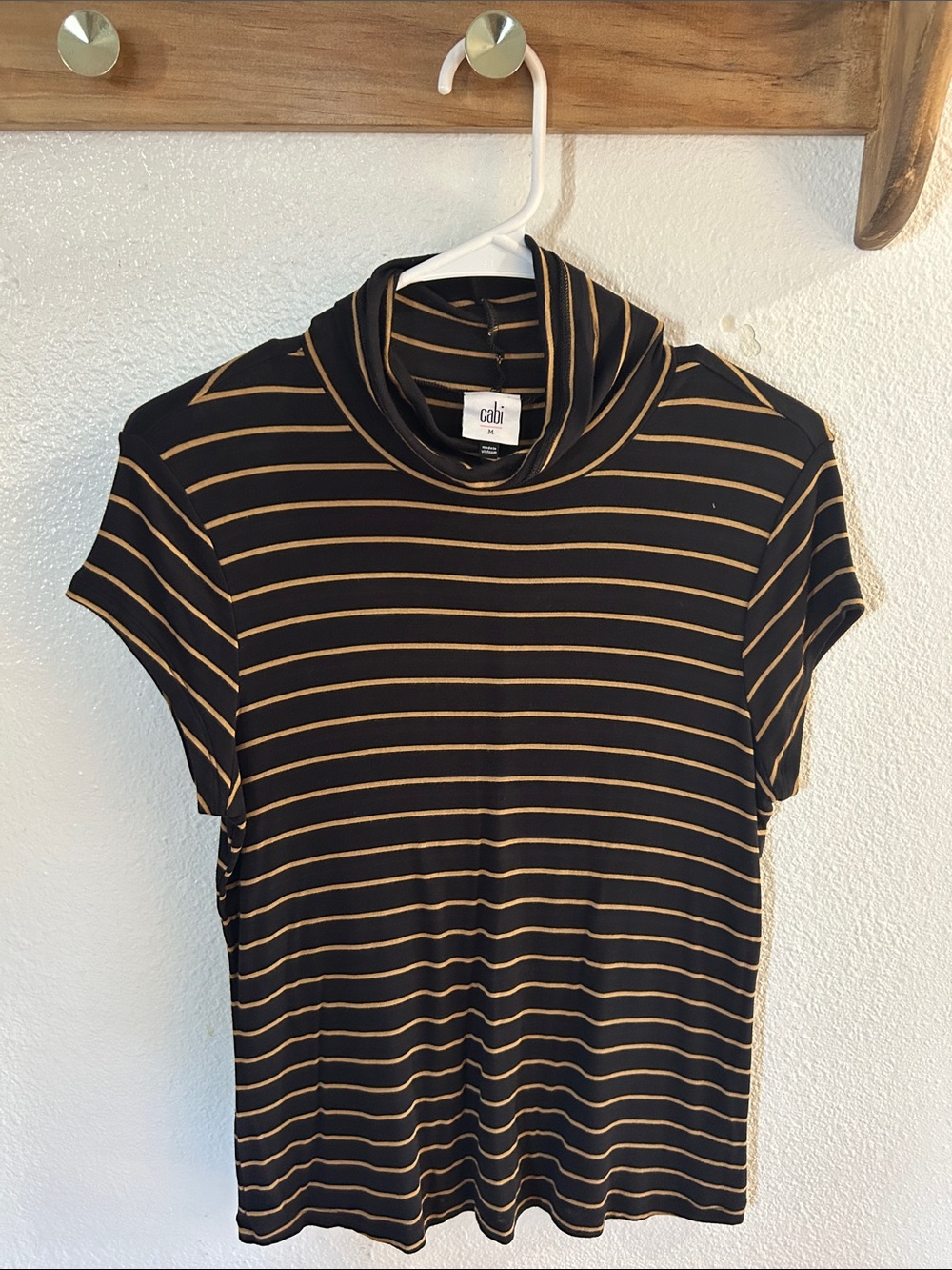 CAbi Black & Camel Striped Turtleneck Top
